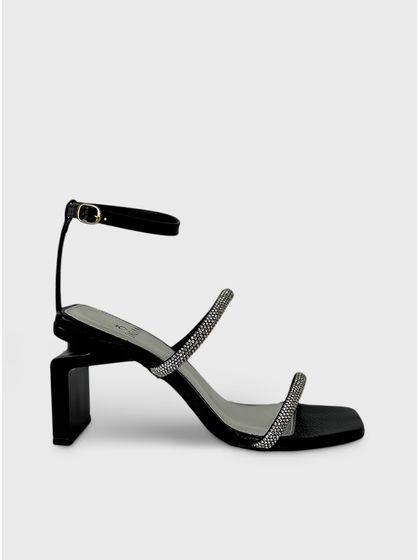 Sandália Preta Salto Geométrico Strass Couro - SAGIAN