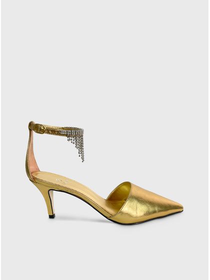 Scarpin Dourado Couro Salto Fino Strass - SAGIAN