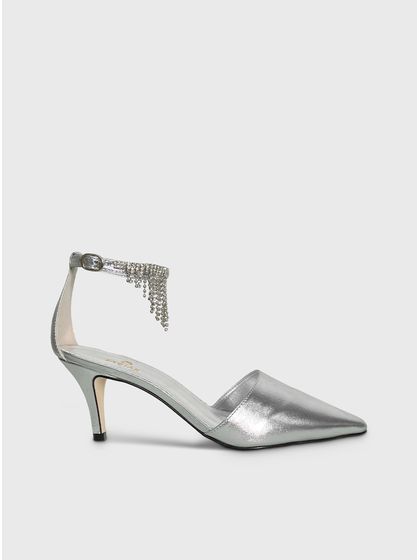 Scarpin Prata Couro Salto Fino Strass - SAGIAN