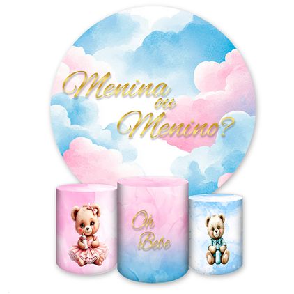 Kit Capa Painel Redondo + Trio Capas Cilindros Sublimados Tema Chá Revelação 4652