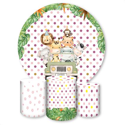 Capa Painel + Trio Capas Cilindros Sublimados Tema Safari / Baby / Infantil / Menina / Pontilhado Rosa / Flores 562