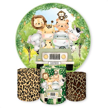 Capa Painel Redondo + Trio Capas Cilindros Sublimados Tema Safari / Infantil / Selva / Floresta / Animal Print / Menino / Verde 1150