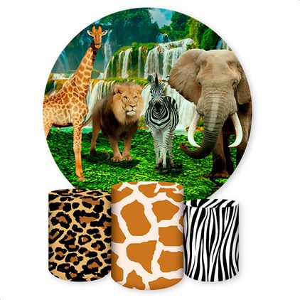Capa Painel + Trio Capas Cilindros Sublimados Tema Safari / Infantil / Adulto / Animais Reais / Selva / Animal Print 567