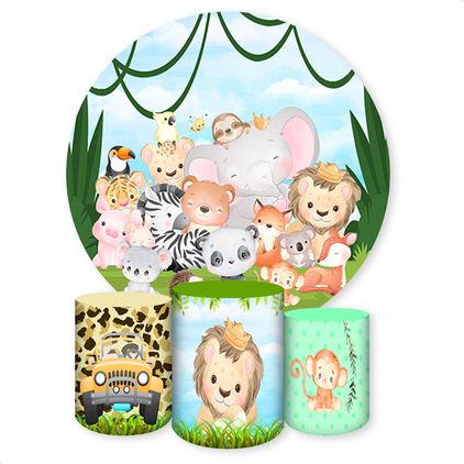 Capa Painel + Trio Capas Cilindros Sublimados Tema Safari / infantil / Bichinhos / Selva / Floresta / Menino / Verde 728