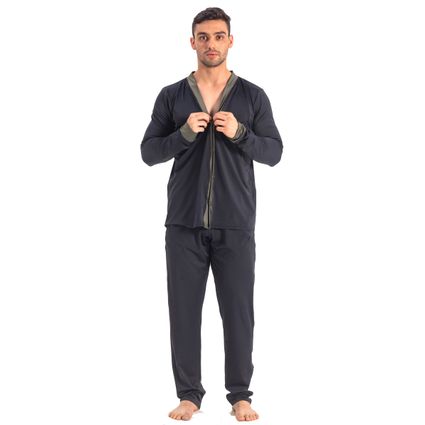 Pijama Homewear H.A. longo preto/verde c/ botão - TRITUÊ