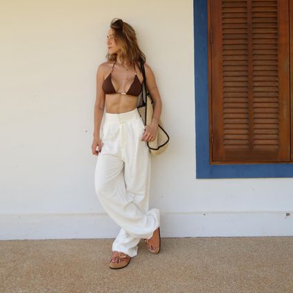 Calça Vicenza pantalona linho com bolsos off white... - TRITUÊ