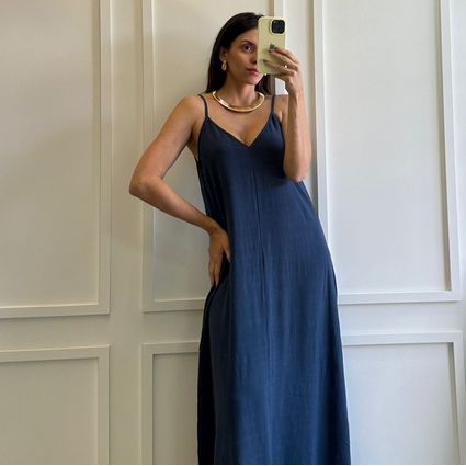 Vestido Munique Linho Azul Marinho Trituê - TRITUÊ
