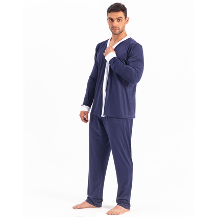 Pijama Homewear H.A. longo marinho/branco c/ botão - TRITUÊ