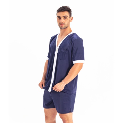Pijama Homewear H.A. curto marinho/branco c/ botão - TRITUÊ
