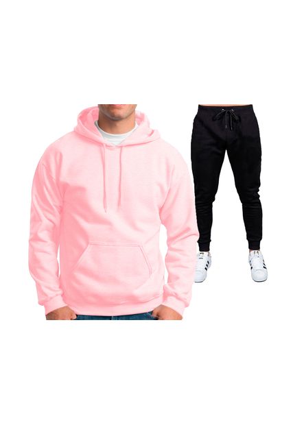 Conjunto Moletom Blusa Rosa Claro e Calça Preta Bla...