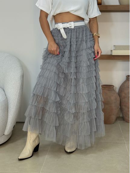 Saia Midi Tule Polônia Cinza