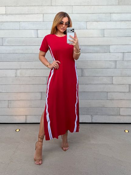 Vestido Manguinha Listra Vermelho 