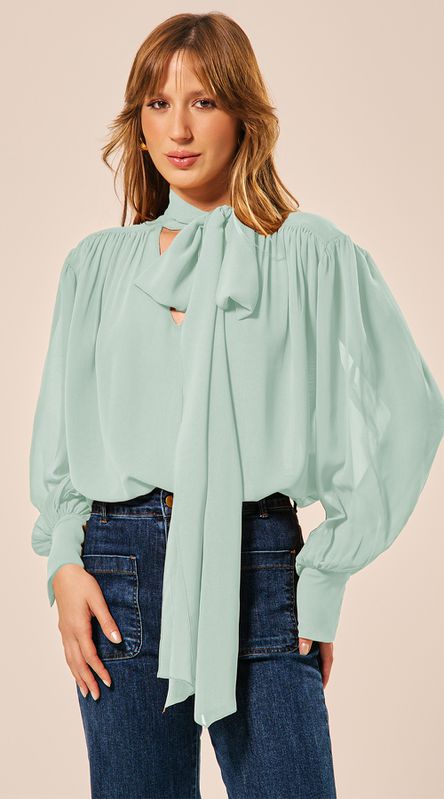 Camisa Manga Longa com Faixa Verde Claro - LENITA