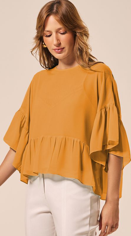 Blusa Manga 3/4 com Babado Amarelo - LENITA