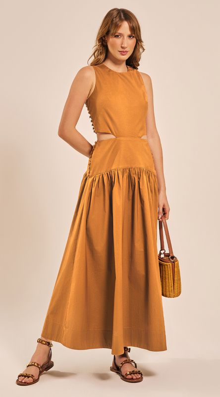Vestido Longo com Botões Laterais Castanho - LENITA