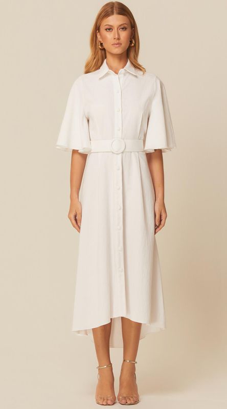 Vestido Midi Manga Curta em Linho Branco - LENITA