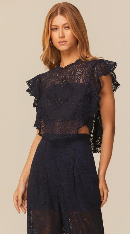 Blusa Ampla em Renda com Bordado Azul Marinho - LENITA