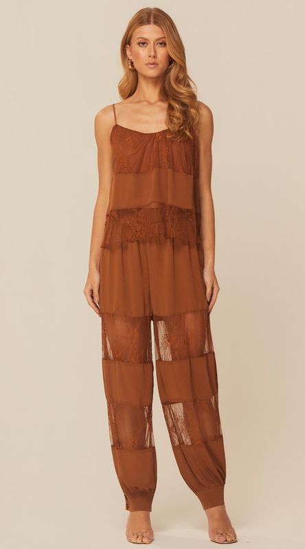 Calça Cintura Alta com Renda Marrom - LENITA