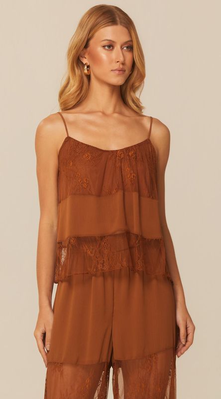 Blusa de Alça com Renda Marrom - LENITA