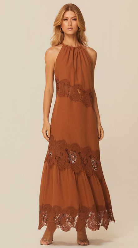 Vestido Longo com Detalhe em Renda Marrom - LENITA
