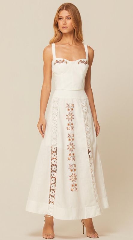 Saia Midi com Renda e Bordado Off - LENITA