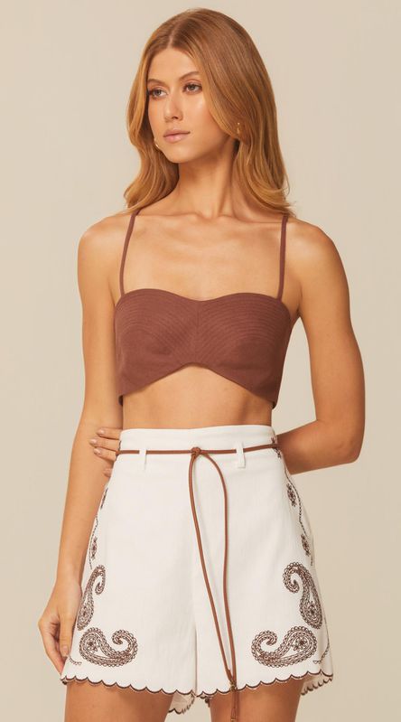 Top Pespontado em Linho Marrom - LENITA