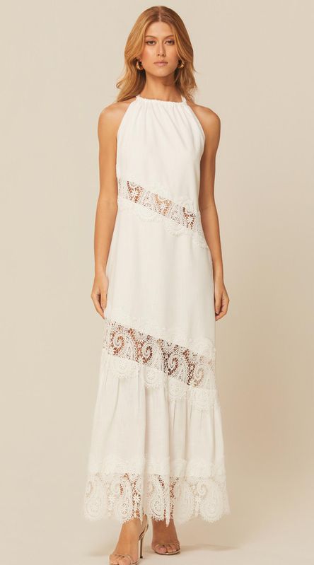 Vestido Longo com Detalhe em Renda Off - LENITA