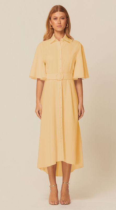 Vestido Midi Manga Curta em Linho Amarelo - LENITA