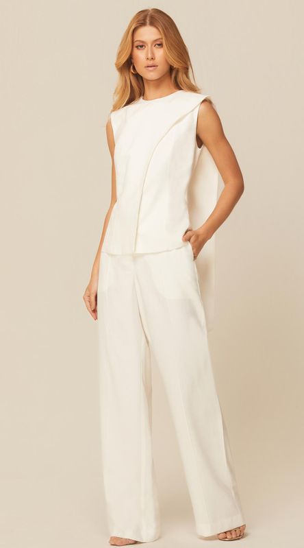 Calça Reta com Nervuras em Alfaiataria Branco - LENITA