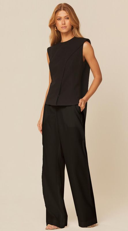 Calça Reta com Nervuras em Alfaiataria Preto - LENITA