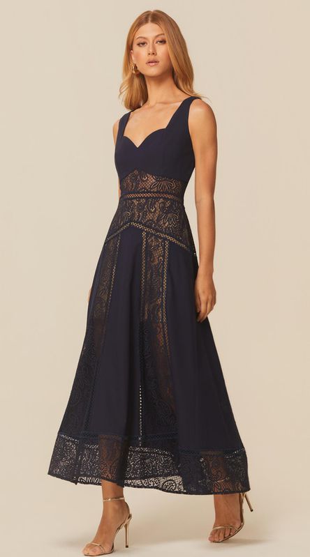 Vestido Midi Assimétrico com Renda Azul Marinho - LENITA