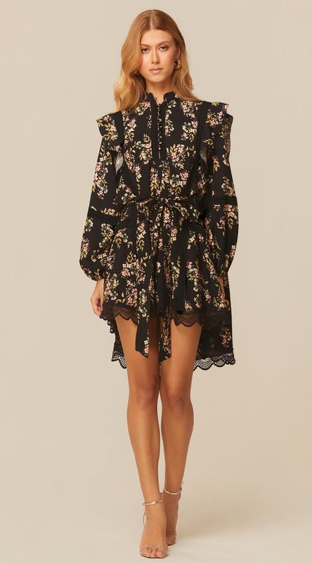 Vestido Bata com Renda Preto Estampado - LENITA