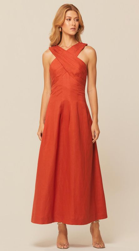 Vestido Midi sem Mangas em Linho Terracota - LENITA