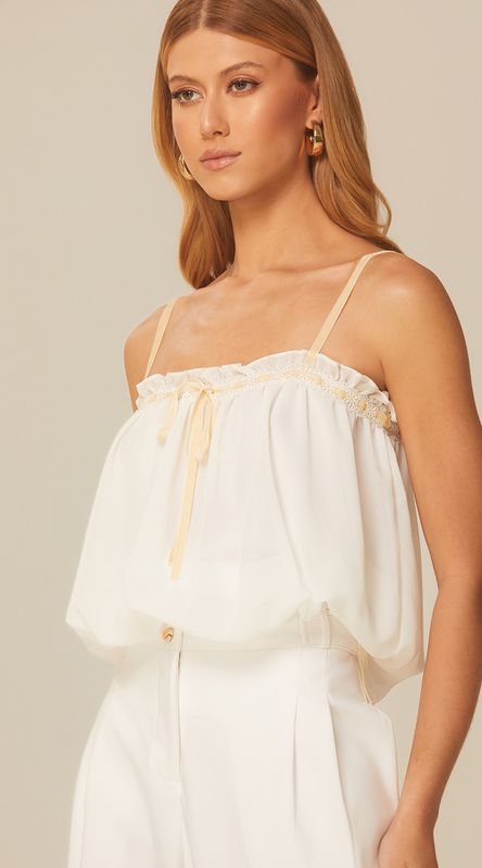 Blusa Cropped Balonê com Renda Off - LENITA