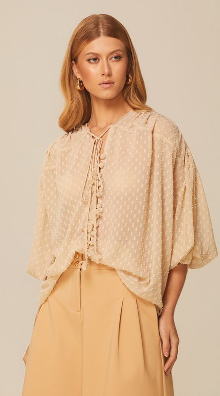 Blusa Manga Longa em Georgette Bege - LENITA