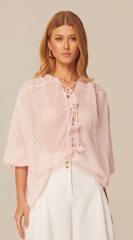 Blusa Manga Longa em Georgette Rosa - LENITA