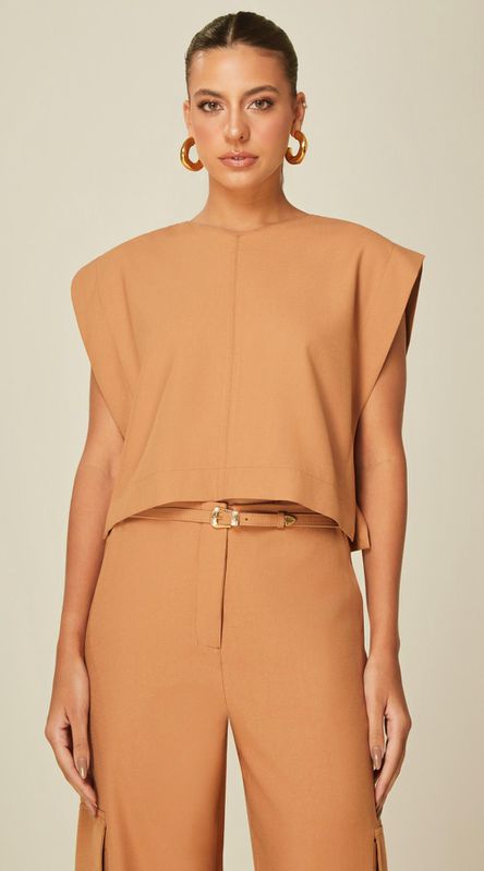 Blusa Cropped em Alfaiataria Marrom Claro - LENITA
