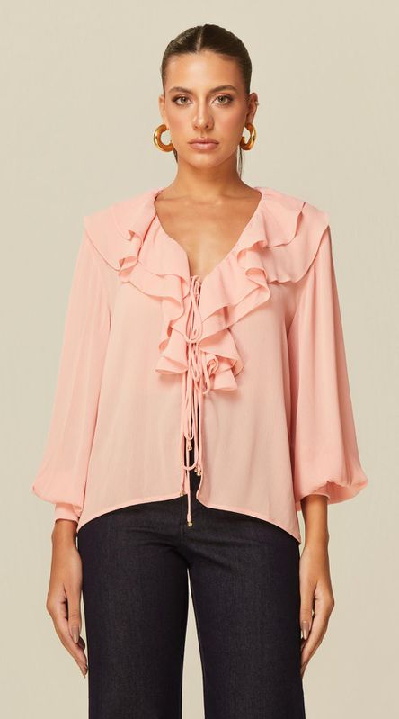 Blusa Manga Longa com Babados Rosa - LENITA