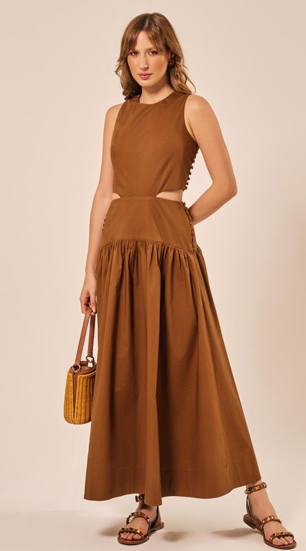 Vestido Longo com Botões Laterais Castanho Escuro - LENITA