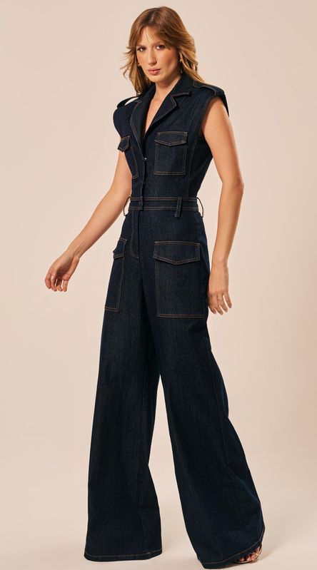 Macacão Jeans sem Mangas Azul Escuro - LENITA
