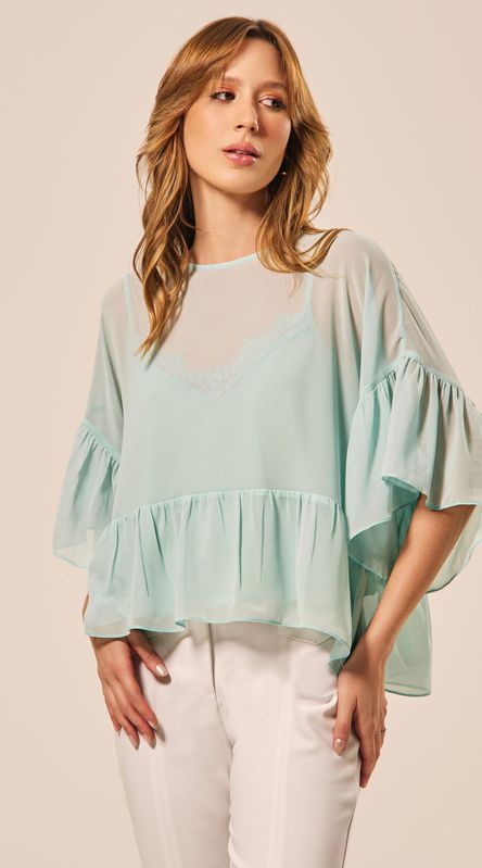 Blusa Manga 3/4 com Babado Verde Claro - LENITA