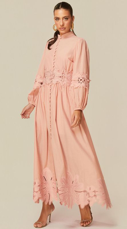 Vestido Longo com Detalhes em Renda Rosa - LENITA