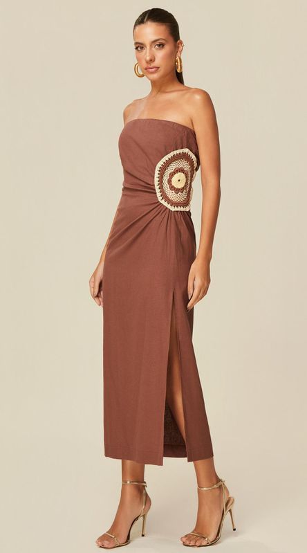 Vestido Midi com Recorte em Crochê Chocolate - LENITA