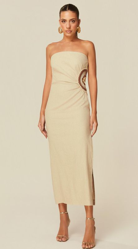 Vestido Midi com Recorte em Crochê Bege - LENITA