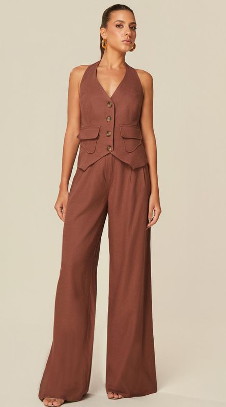 Calça Pantalona em Linho Chocolate - LENITA