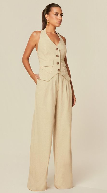 Calça Pantalona em Linho Bege - LENITA