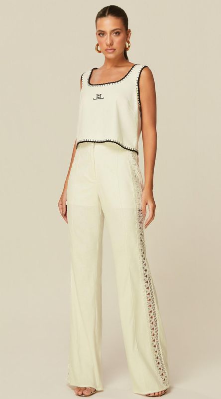 Calça Cintura Alta com Detalhe em Renda Off - LENITA