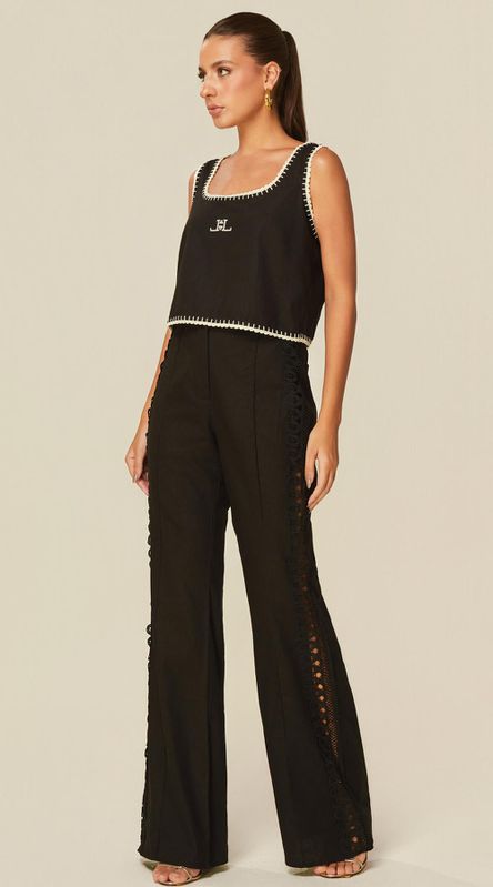 Calça Cintura Alta com Detalhe em Renda Preto - LENITA