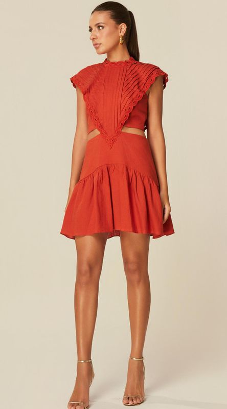 Vestido Curto com Renda em Linho Terracota - LENITA