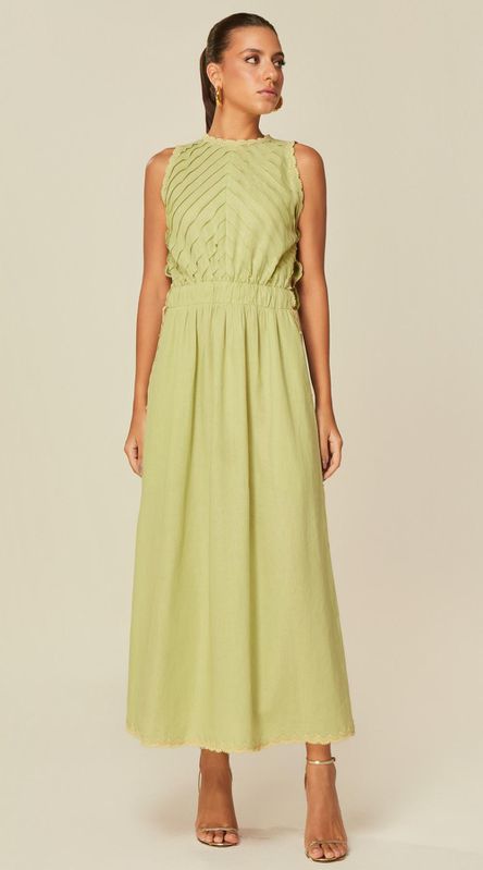 Vestido Midi com Renda em Linho Verde - LENITA